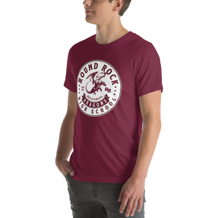 Man wearing Round Rock High School Dragons Maroon Premium Unisex T-shirt 215