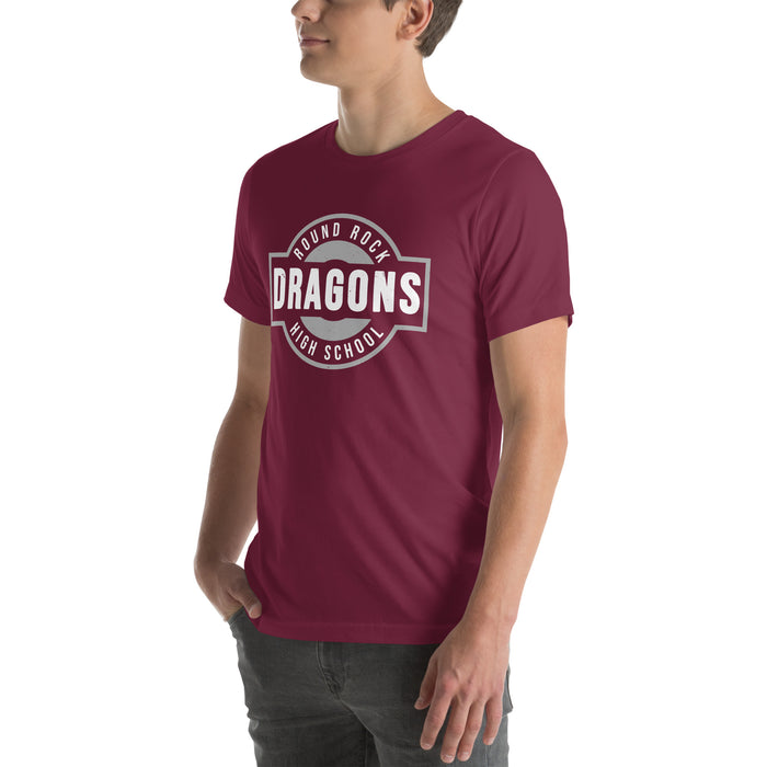 Man wearing Round Rock High School Dragons Maroon Premium Unisex T-shirt 011