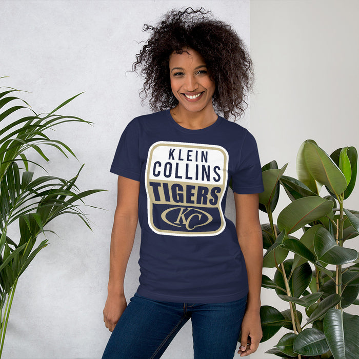 Woman wearing a Klein Collins High School Tigers Premium Navy T-shirt 01