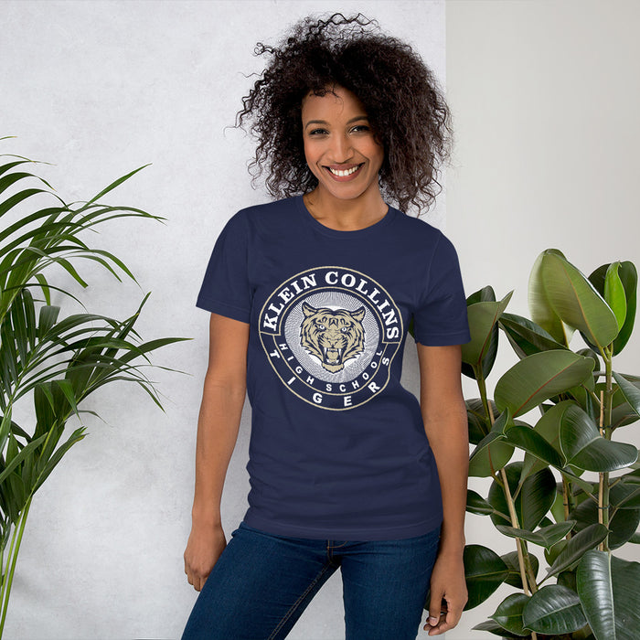 Woman wearing a Klein Collins High School Tigers Premium Navy T-shirt 02