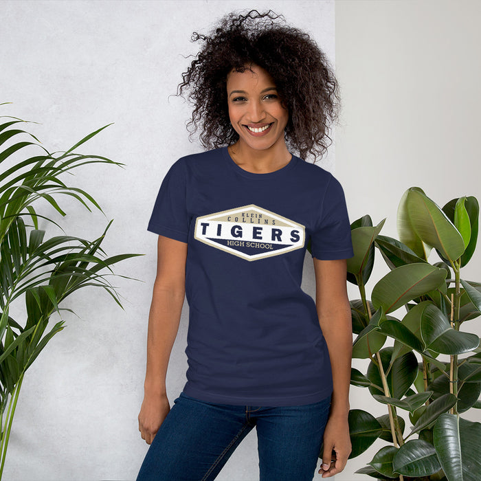 Woman wearing a Klein Collins High School Tigers Premium Navy T-shirt 09