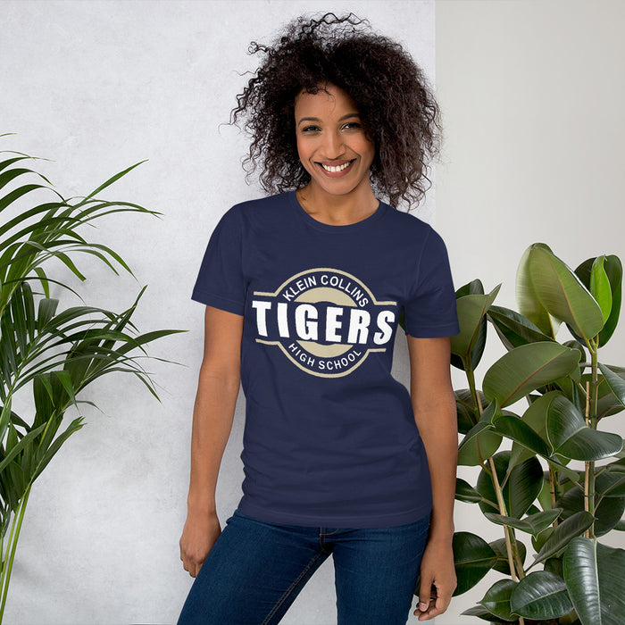 Woman wearing a Klein Collins High School Tigers Premium Navy T-shirt 11