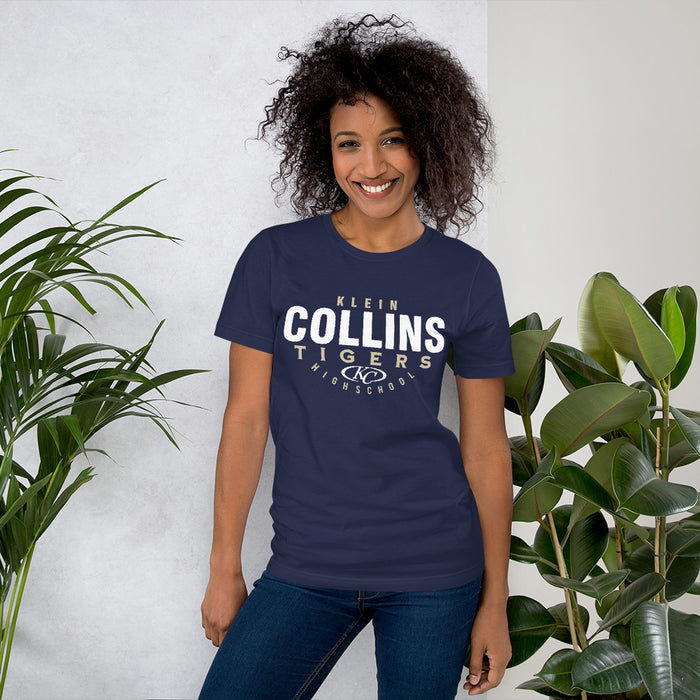 Woman wearing a Klein Collins High School Tigers Premium Navy T-shirt 12