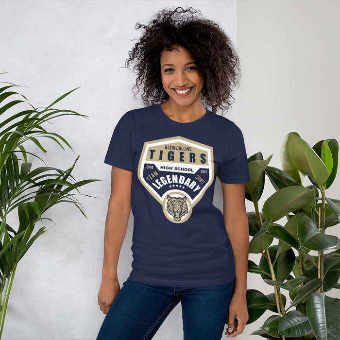 Woman wearing a Klein Collins High School Tigers Premium Navy T-shirt 14