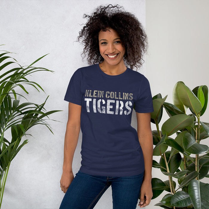 Woman wearing a Klein Collins High School Tigers Premium Navy T-shirt 17