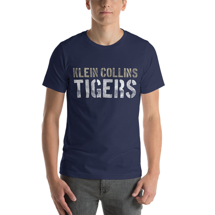 Man wearing a Klein Collins High School Tigers Premium Navy T-shirt 17