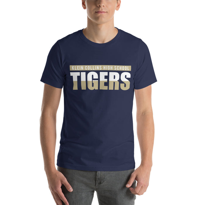 Man wearing a Klein Collins High School Tigers Premium Navy T-shirt 25