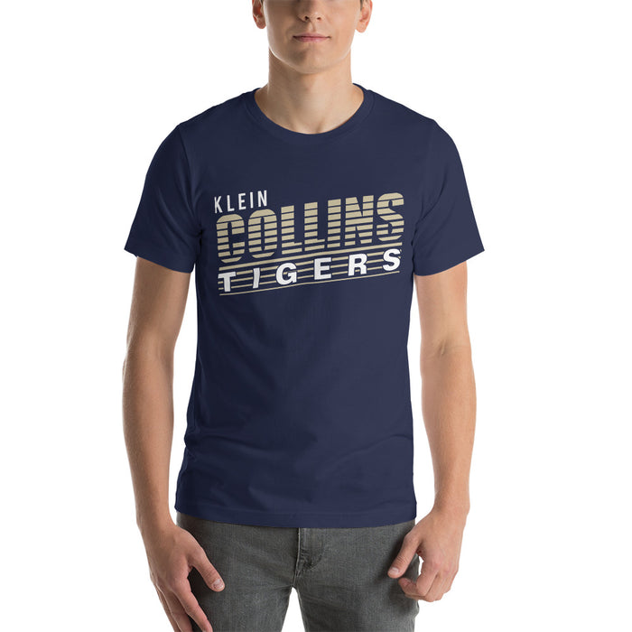 Man wearing a Klein Collins High School Tigers Premium Navy T-shirt 32