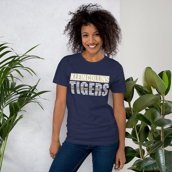 Woman wearing a Klein Collins High School Tigers Premium Navy T-shirt 35