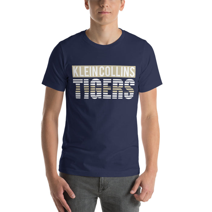 Man wearing a Klein Collins High School Tigers Premium Navy T-shirt 35