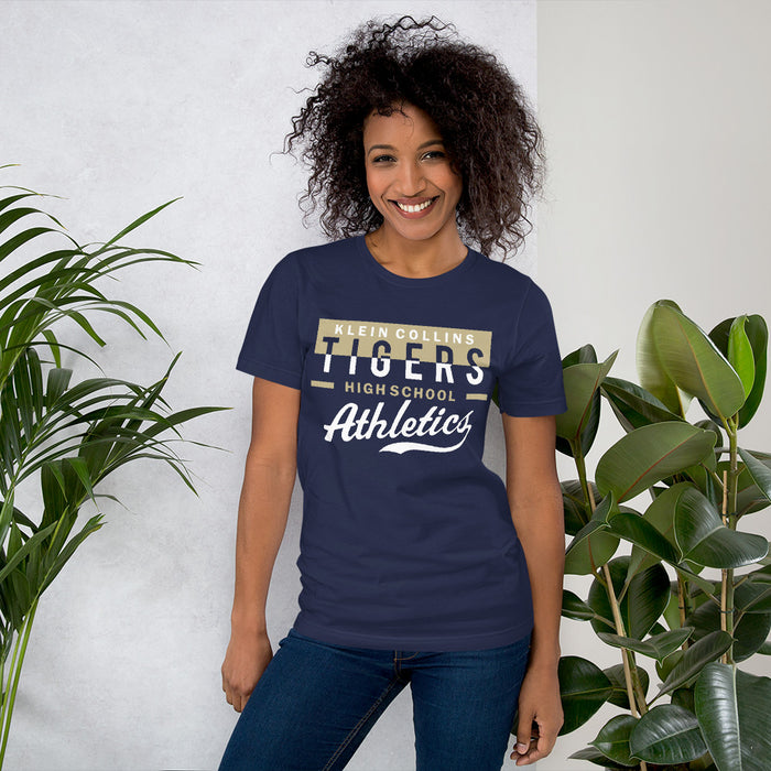 Woman wearing a Klein Collins High School Tigers Premium Navy T-shirt 48