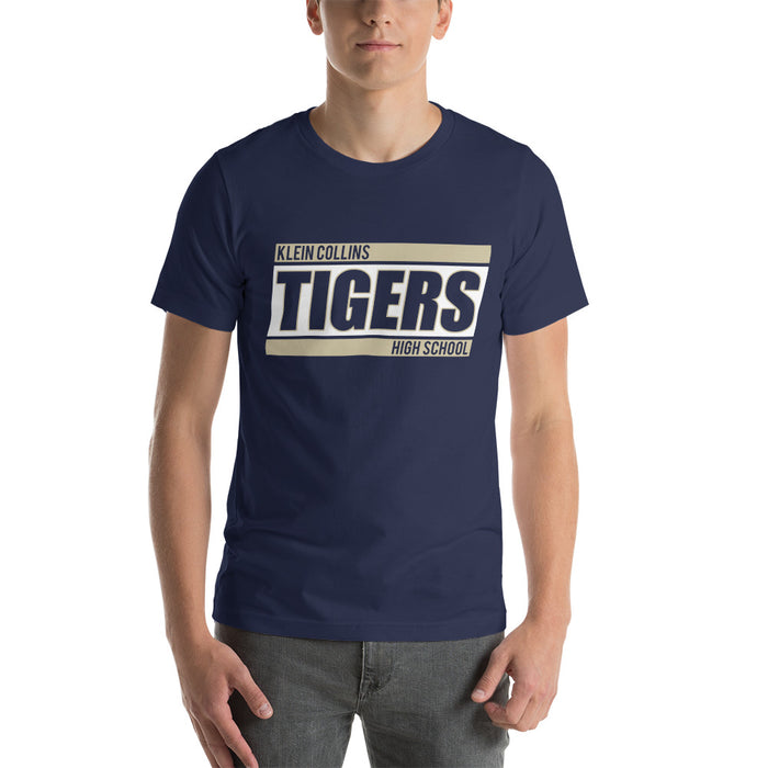 Man wearing a Klein Collins High School Tigers Premium Navy T-shirt 72