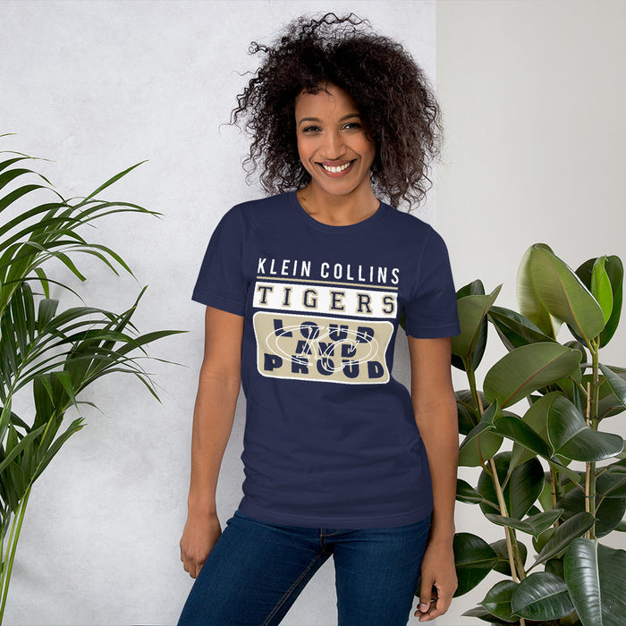 Woman wearing a Klein Collins High School Tigers Premium Navy T-shirt 86