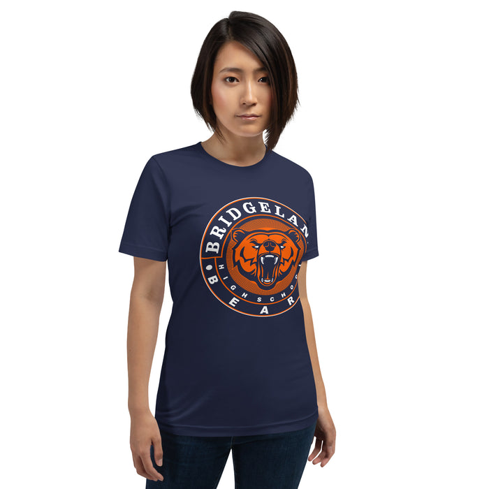 Woman wearing a Bridgeland High School Bears Premium Navy Unisex T-shirt 02