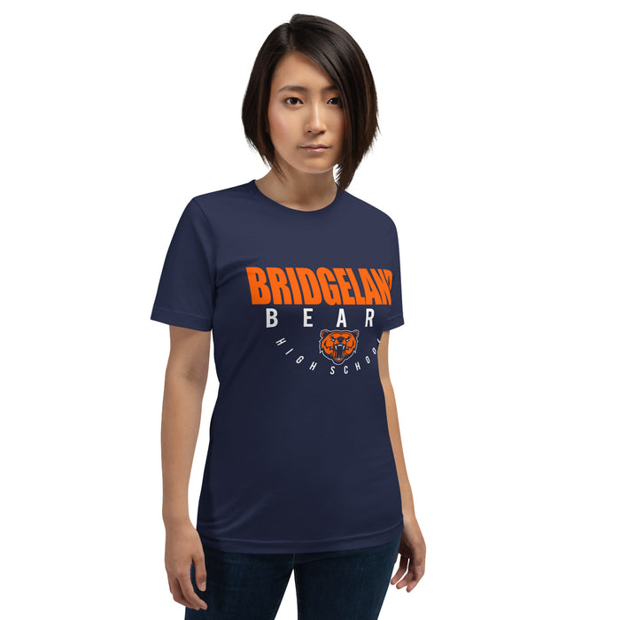 Woman wearing a Bridgeland High School Bears Premium Navy Unisex T-shirt 12