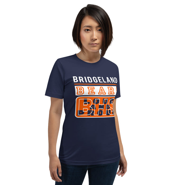 Woman wearing a Bridgeland High School Bears Premium Navy Unisex T-shirt 86