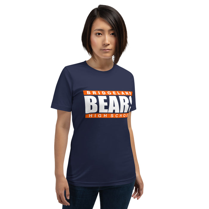 Woman wearing a Bridgeland High School Bears Premium Navy Unisex T-shirt 98