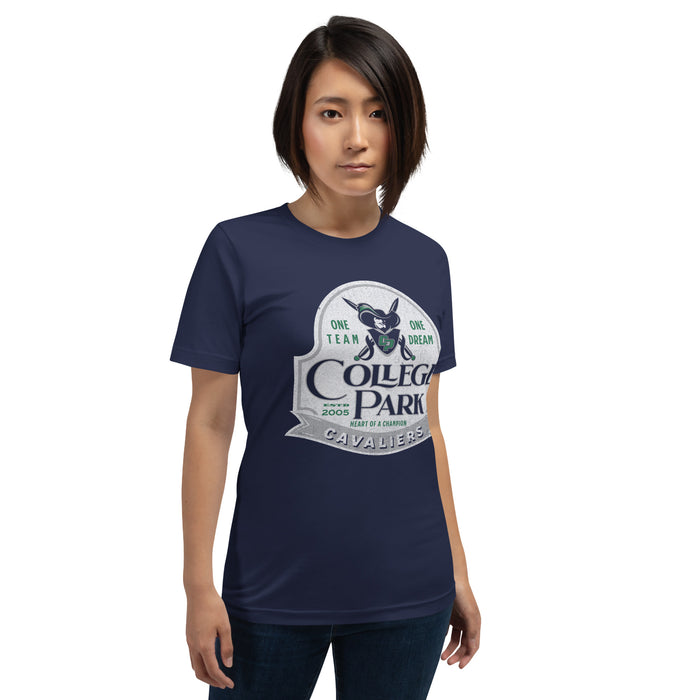 Woman wearing a College Park High School Cavaliers Premium Navy Unisex T-shirt 208