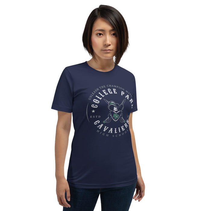 Woman wearing a College Park High School Cavaliers Premium Navy Unisex T-shirt 211