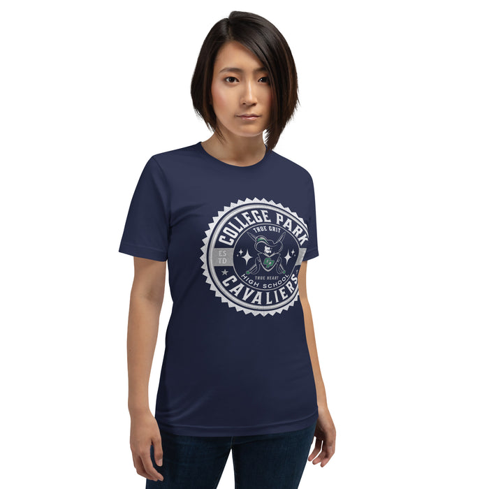 Woman wearing a College Park High School Cavaliers Premium Navy Unisex T-shirt 215