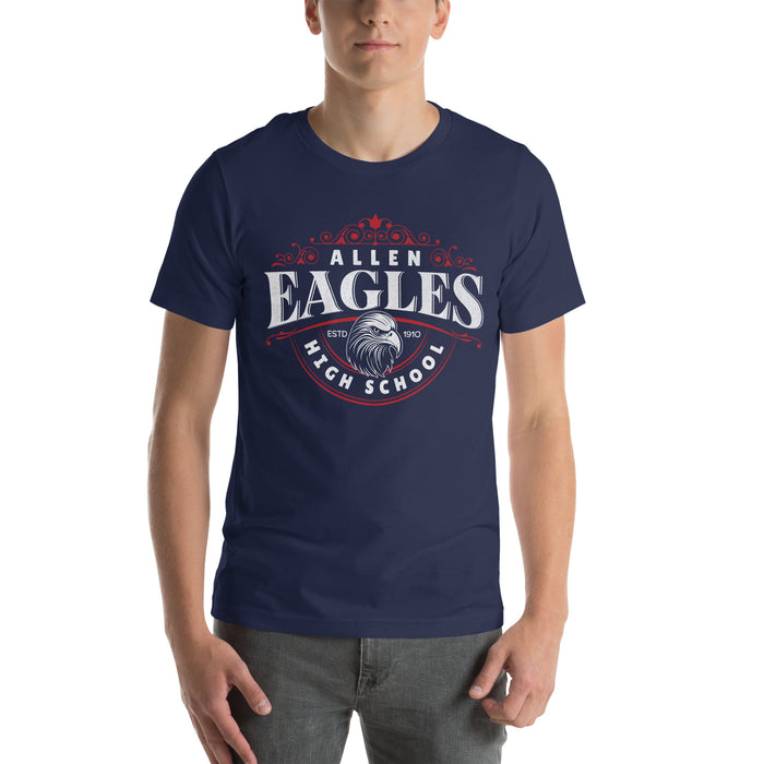 Man wearing a Allen High School Eagles Premium Navy Blue Unisex T-shirt 214