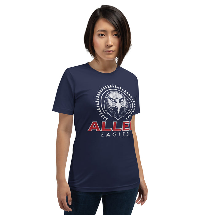 Woman wearing a Allen High School Eagles Premium Navy Blue Unisex T-shirt 217