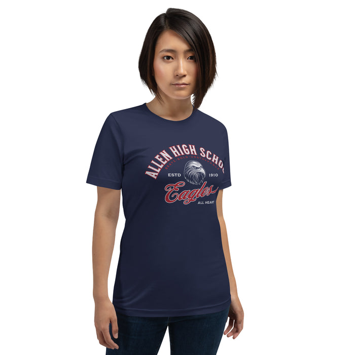 Woman wearing a Allen High School Eagles Premium Navy Blue Unisex T-shirt 218