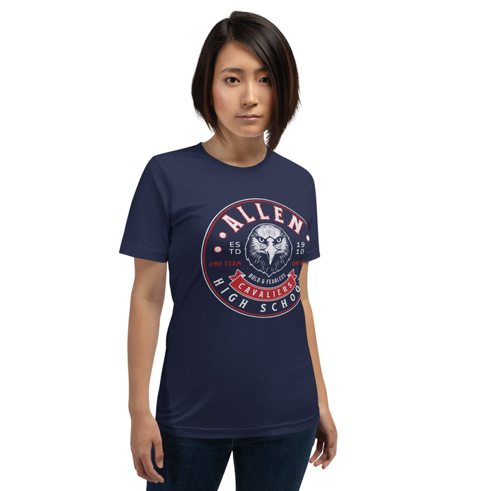 Woman wearing a Allen High School Eagles Premium Navy Blue Unisex T-shirt 220