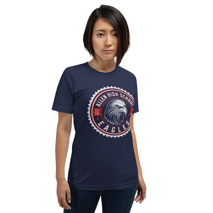 Woman wearing a Allen High School Eagles Premium Navy Blue Unisex T-shirt 212