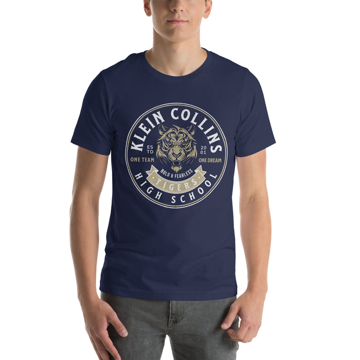 Man wearing a Klein Collins High School Tigers Premium Navy T-shirt 203