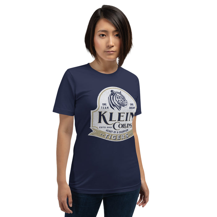 Woman wearing a Klein Collins High School Tigers Premium Navy T-shirt 205