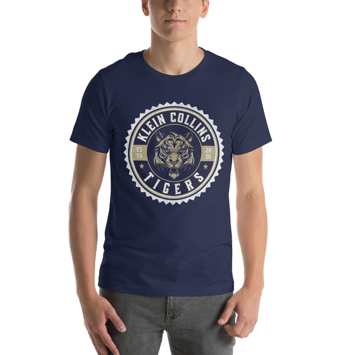 Man wearing a Klein Collins High School Tigers Premium Navy T-shirt 207