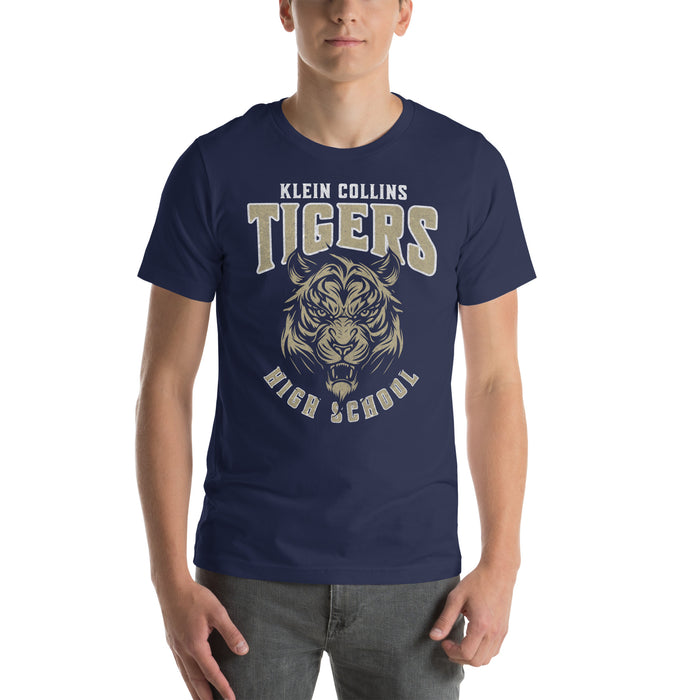 Man wearing a Klein Collins High School Tigers Premium Navy T-shirt 212