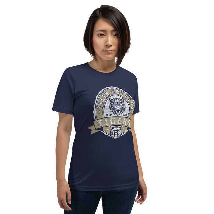 Woman wearing a Klein Collins High School Tigers Premium Navy T-shirt 215