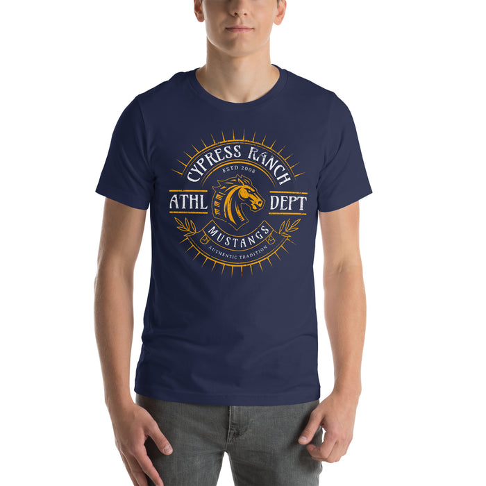 Man wearing Cypress Ranch High School Mustangs Navy Premium Unisex T-shirt 201