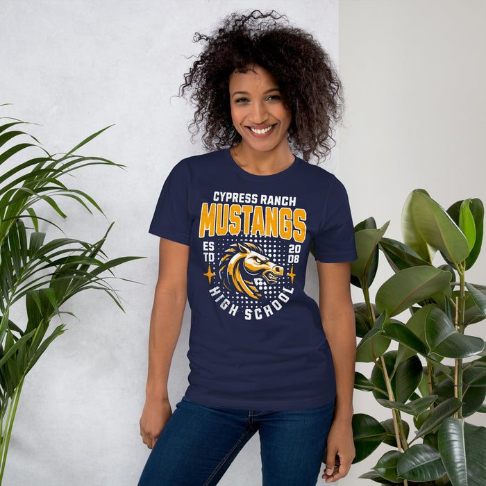 Woman wearing Cypress Ranch High School Mustangs Navy Premium Unisex T-shirt 205