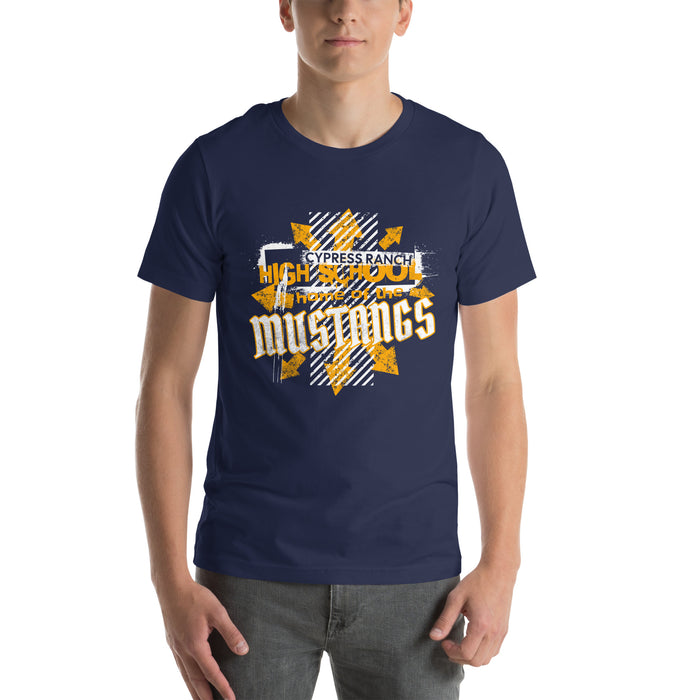 Man wearing Cypress Ranch High School Mustangs Navy Premium Unisex T-shirt 211