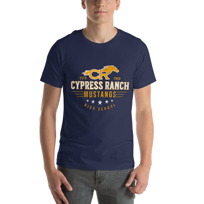 Man wearing Cypress Ranch High School Mustangs Navy Premium Unisex T-shirt 217