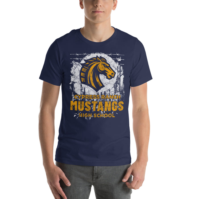 Man wearing Cypress Ranch High School Mustangs Navy Premium Unisex T-shirt 203