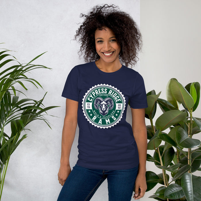 Woman wearing Cypress Ridge High School Rams Navy Premium Unisex T-shirt 203