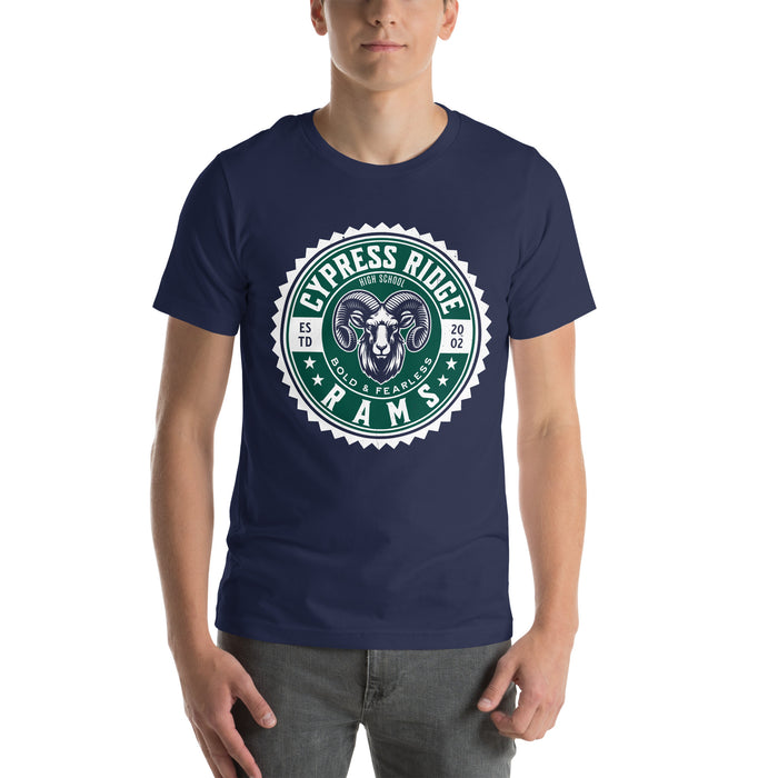 Student wearing Cypress Ridge High School Rams Navy Premium Unisex T-shirt 203