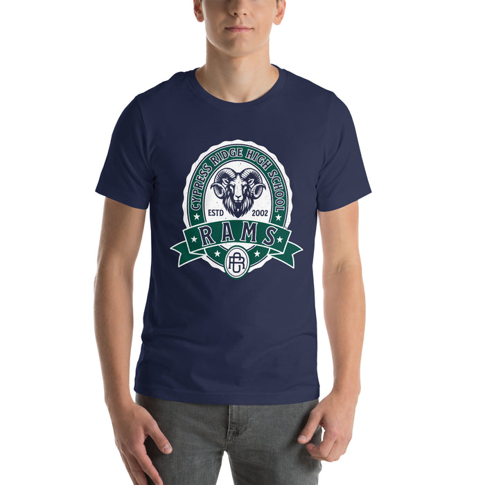 Student wearing Cypress Ridge High School Rams Navy Premium Unisex T-shirt 212