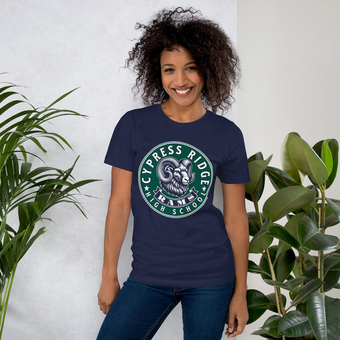 Woman wearing Cypress Ridge High School Rams Navy Premium Unisex T-shirt 215