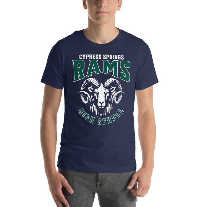 Student wearing Cypress Ridge High School Rams Navy Premium Unisex T-shirt 213