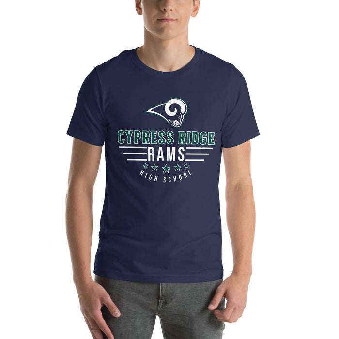 Student wearing Cypress Ridge High School Rams Navy Premium Unisex T-shirt 217