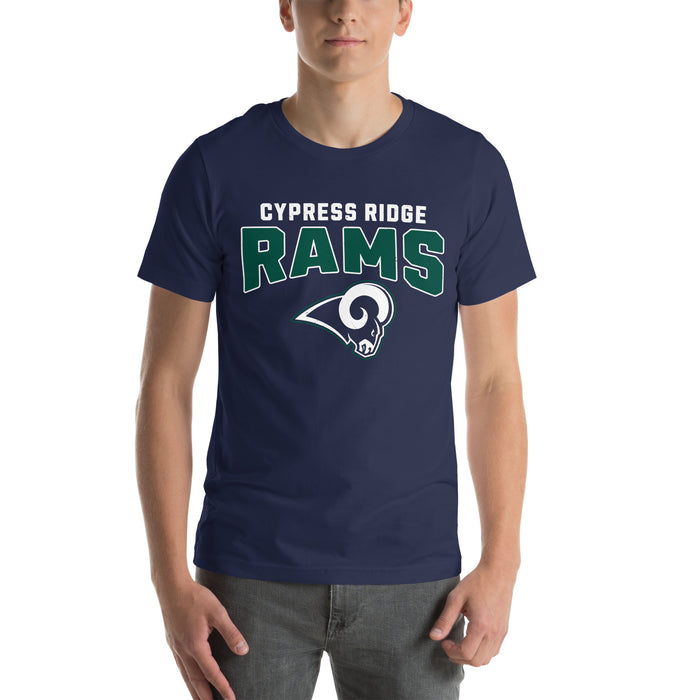 Man wearing Cypress Ridge High School Rams Navy Premium Unisex T-shirt 221