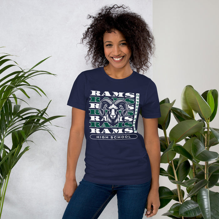 Woman wearing Cypress Ridge High School Rams Navy Premium Unisex T-shirt 223