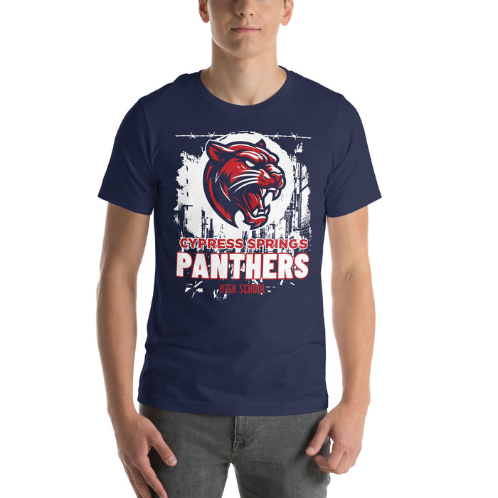 Student wearing Cypress Springs High School Panthers Navy Premium Unisex T-shirt 202