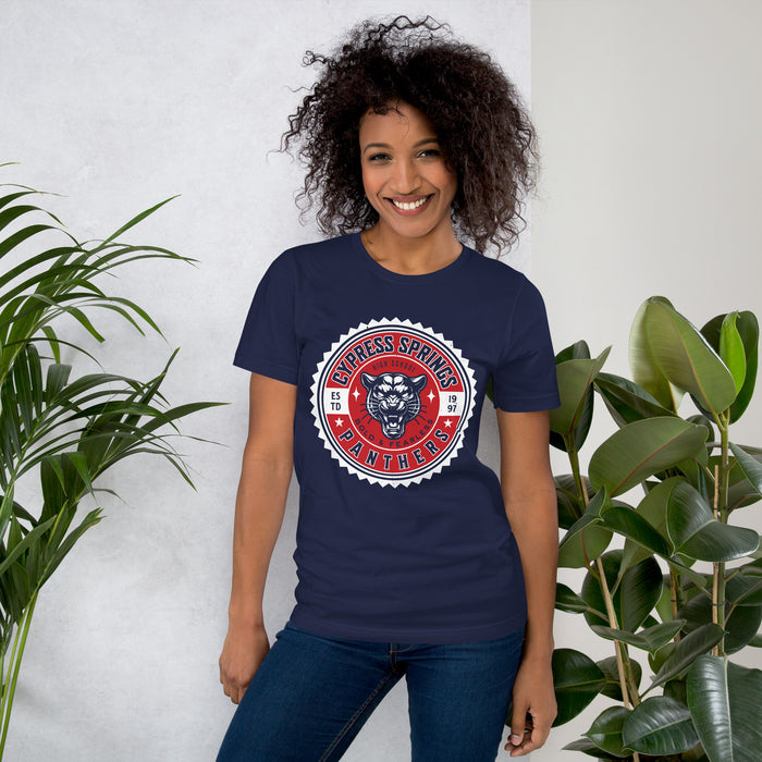 Woman wearing Cypress Springs High School Panthers Navy Premium Unisex T-shirt 203