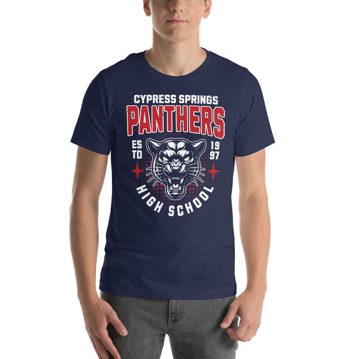 Student wearing Cypress Springs High School Panthers Navy Premium Unisex T-shirt 204